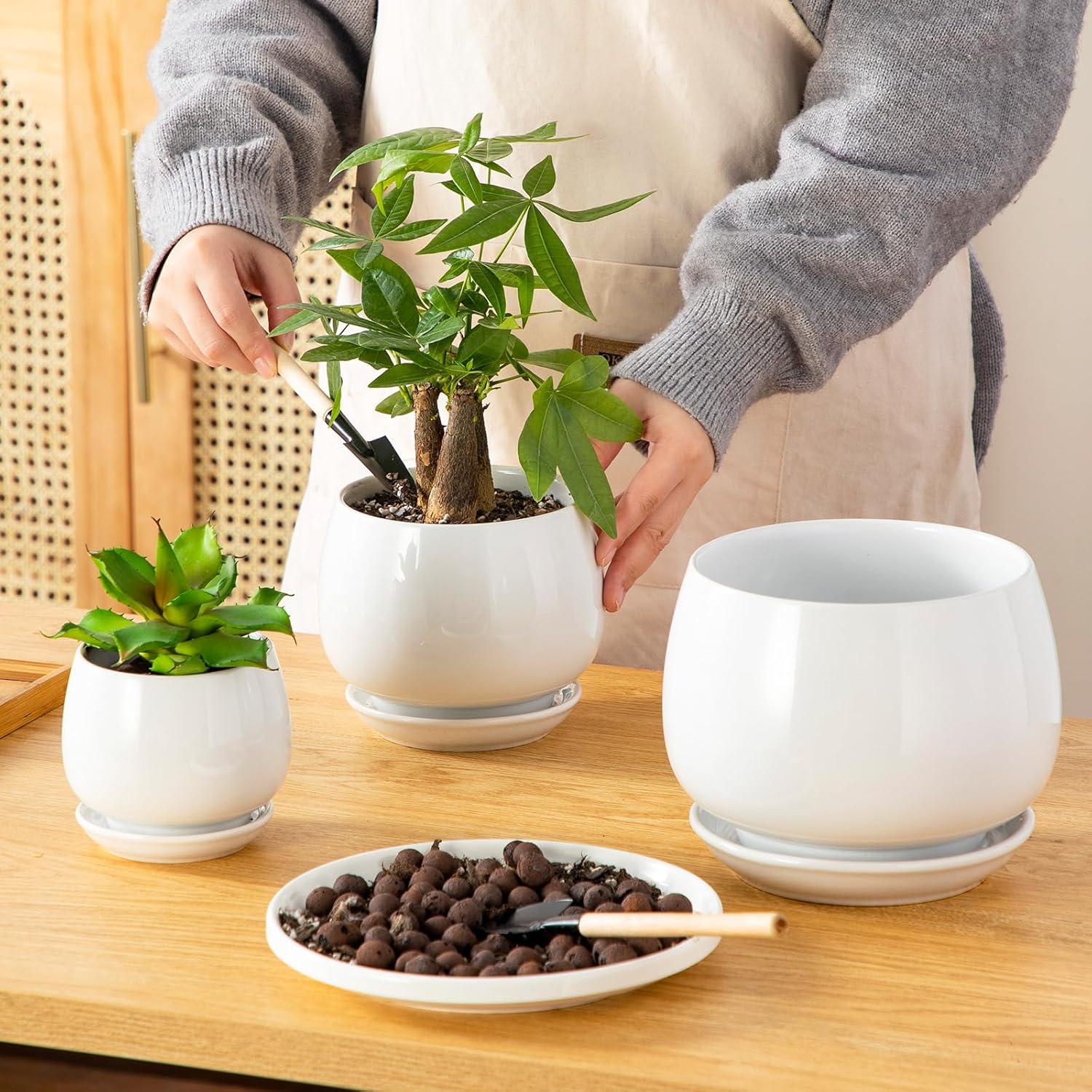 Ceramic Plant Pots with Saucers, 3 Pack, 3.7 to 6.2 inch