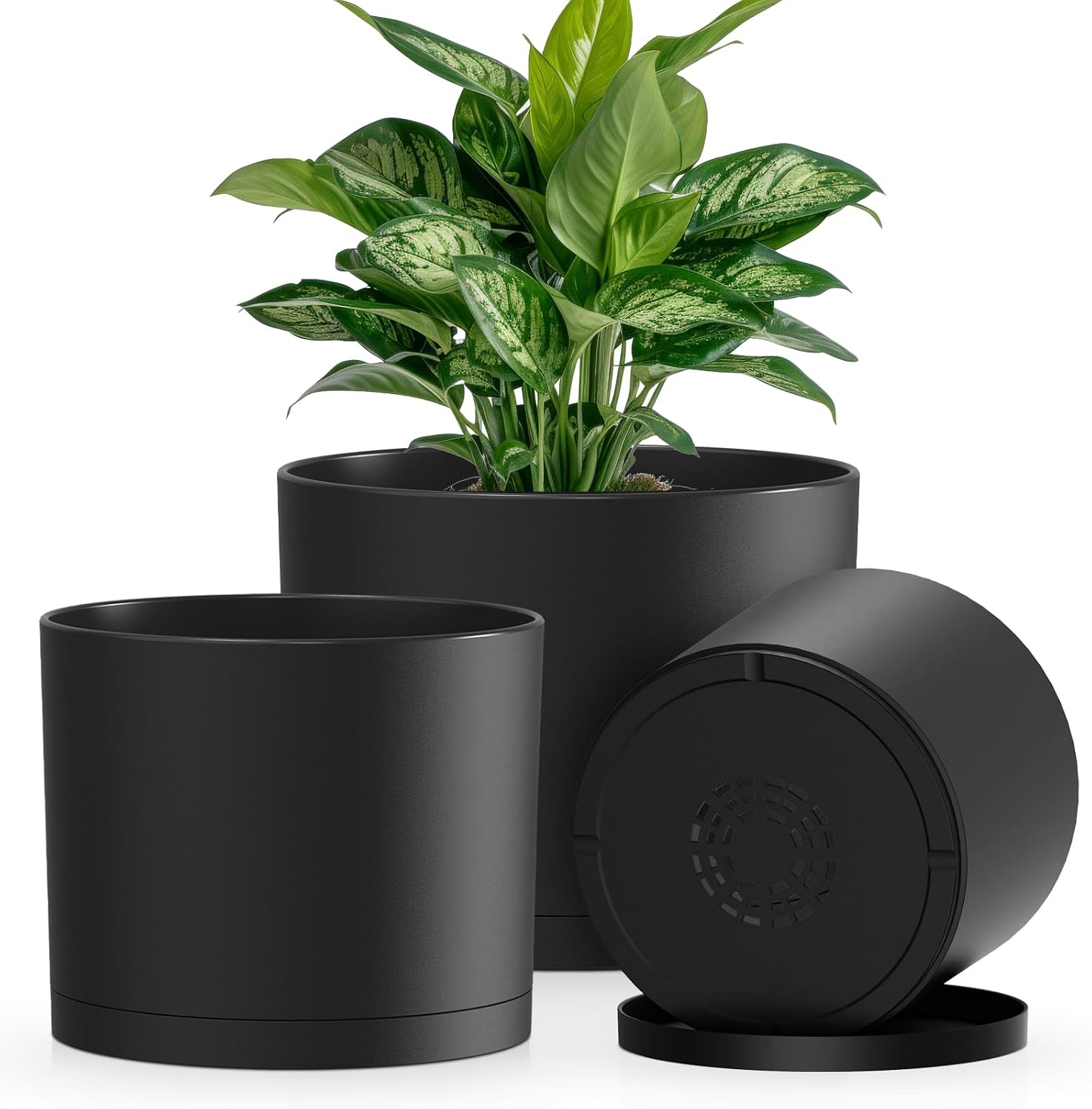 Cylindrical Flower Pots with Drainage, 3 Pack, 8 to 10 inch