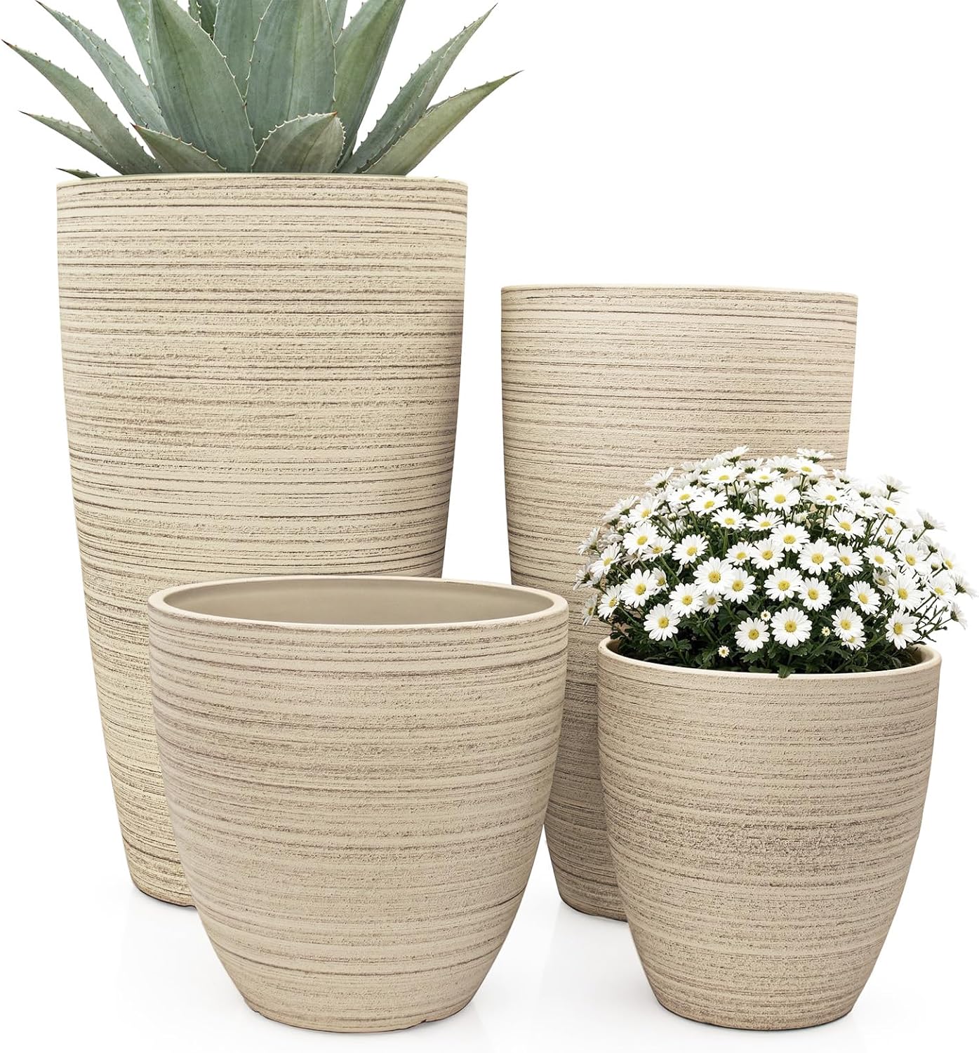 Faux Stone Finish Round Planters, 4 Pack, 10 to 21 inch