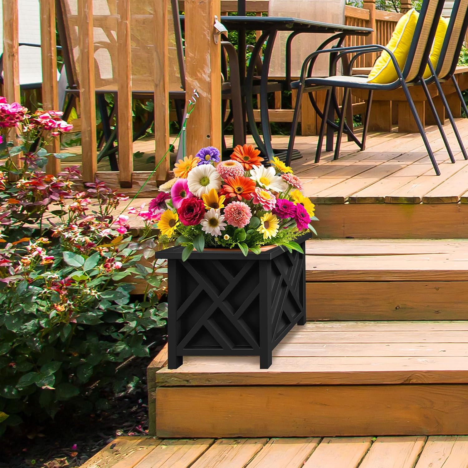 Lattice Outdoor Planter Box, 14.75 inch Square, Black