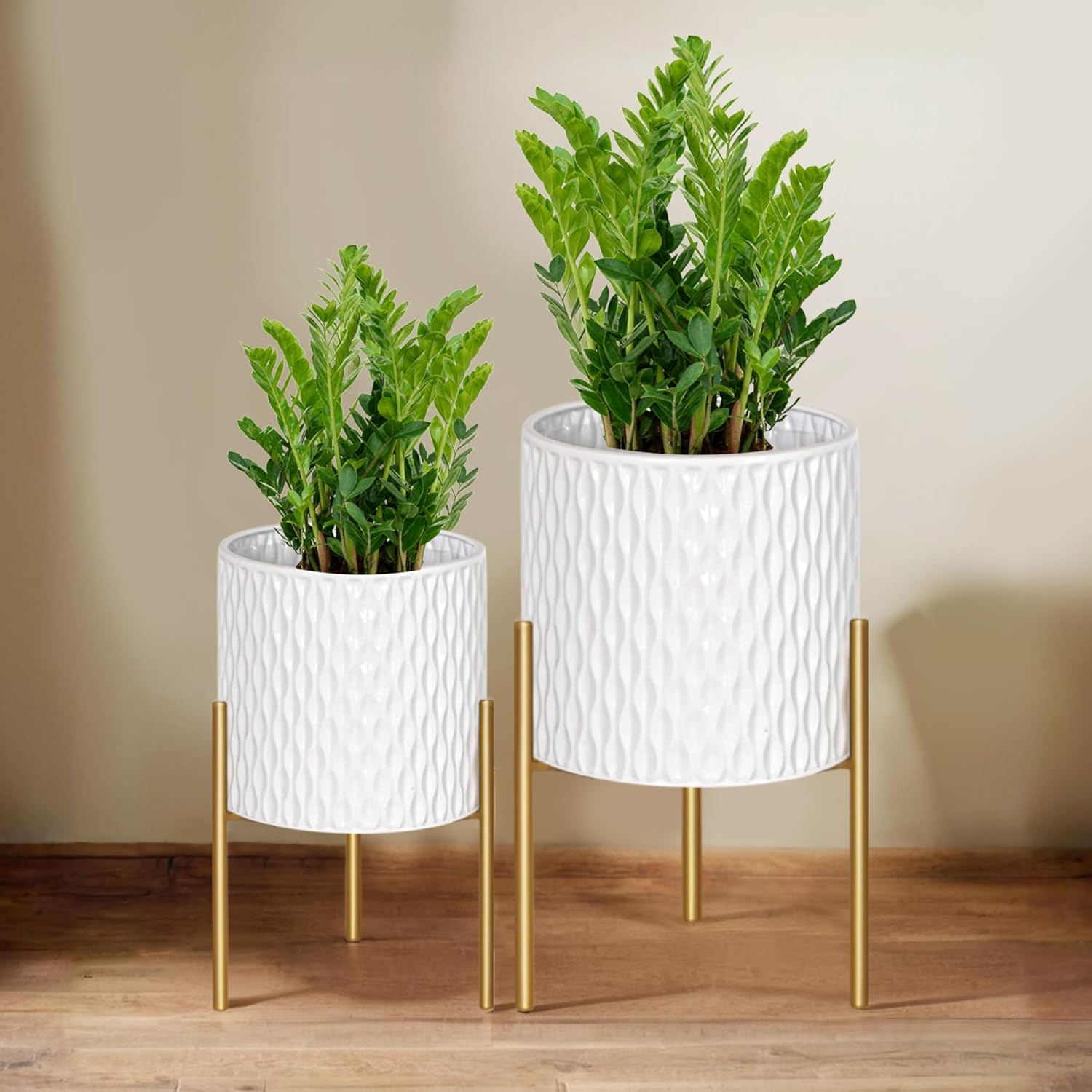 Mid-Century Planters with Wooden Stand, Set of 2